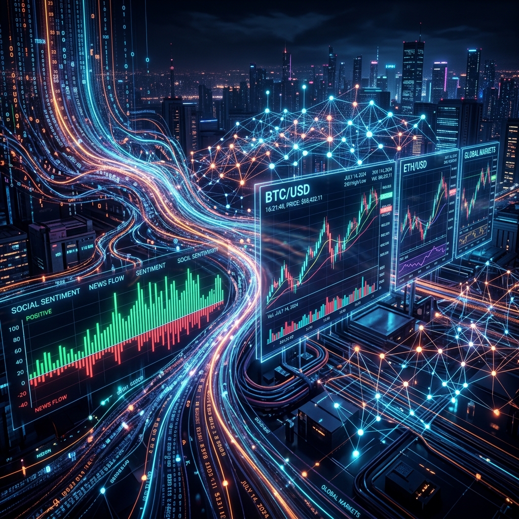 Futuristic visual of digital data stream highways transforming into trading terminal charts with Neon Cyan accents