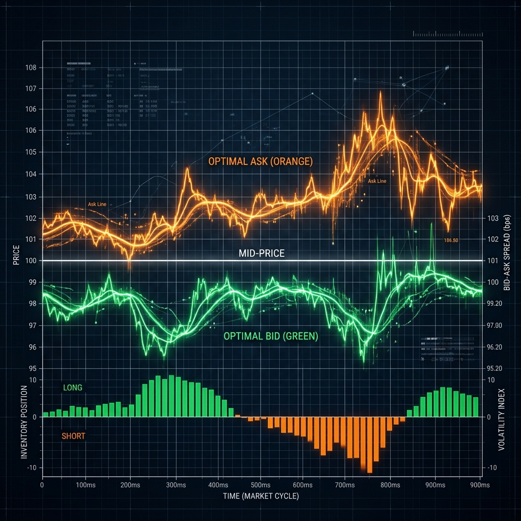 Panoramic visualization of market making spreads shifting around a mid-price line based on inventory histograms