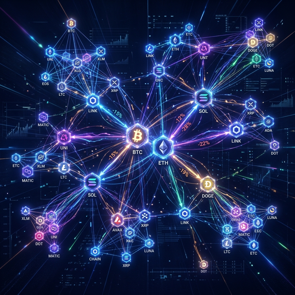 Panoramic network visualization showing correlation nodes and price shocks propagating across multiple digital assets