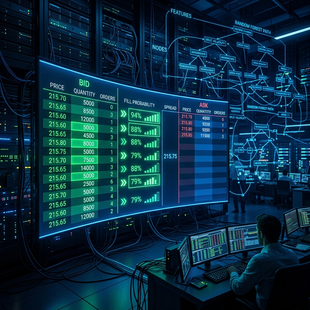 Futuristic neon screen showing bid-ask columns of a limit order book with calculated fill probabilities monitored by a trader