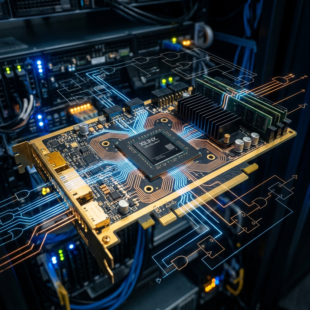 Xilinx FPGA chip on golden PCIe card in dark high-frequency trading server room with neon copper line paths