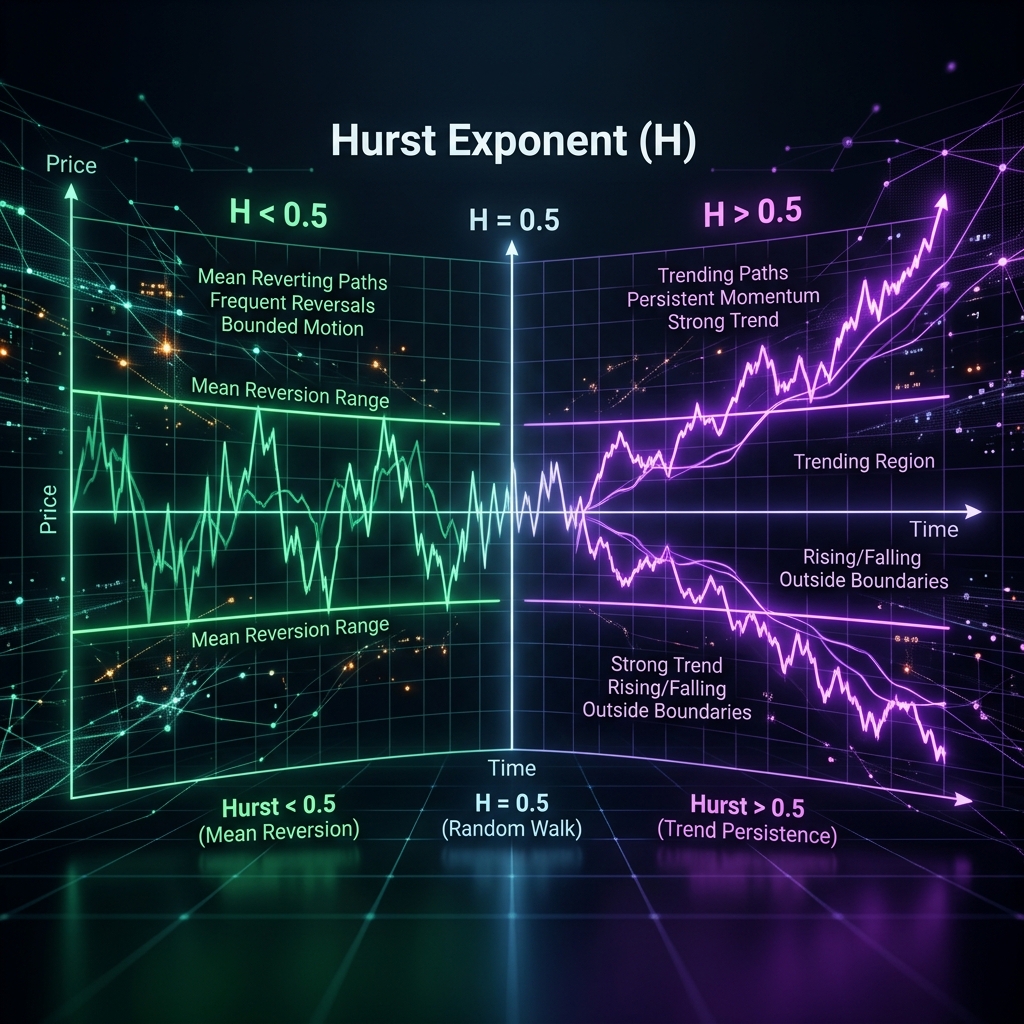Panoramic technical representation of Hurst Exponent (H) showing mean reversion range vs trending persistency