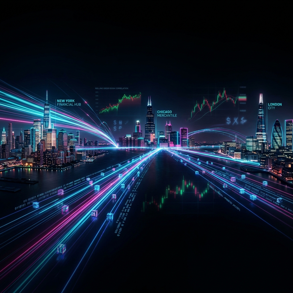 Futuristic neon visualization of NYC, Chicago and London connected by high-speed light paths with trading charts on dark background
