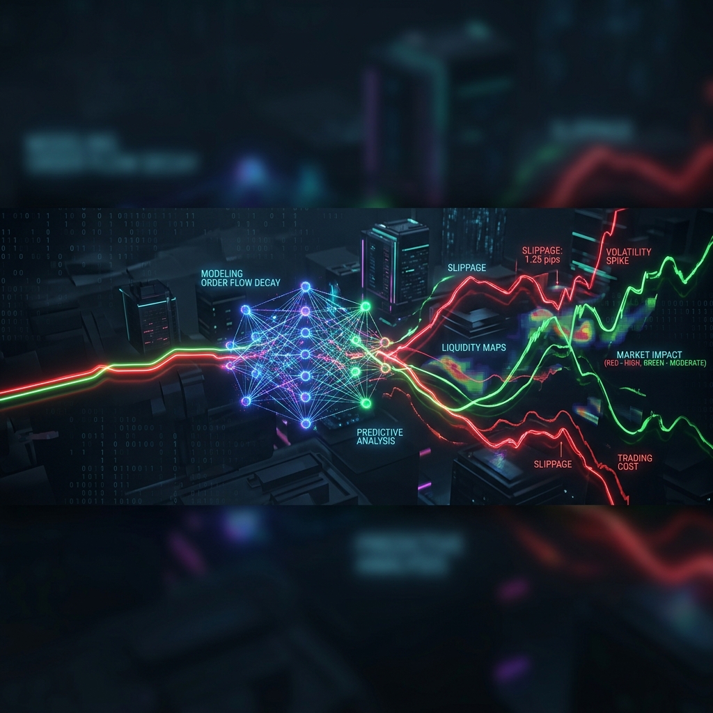Panoramic technical diagram showing lines of slippage and volatility spikes connected to neural network nodes analyzing order flow decay