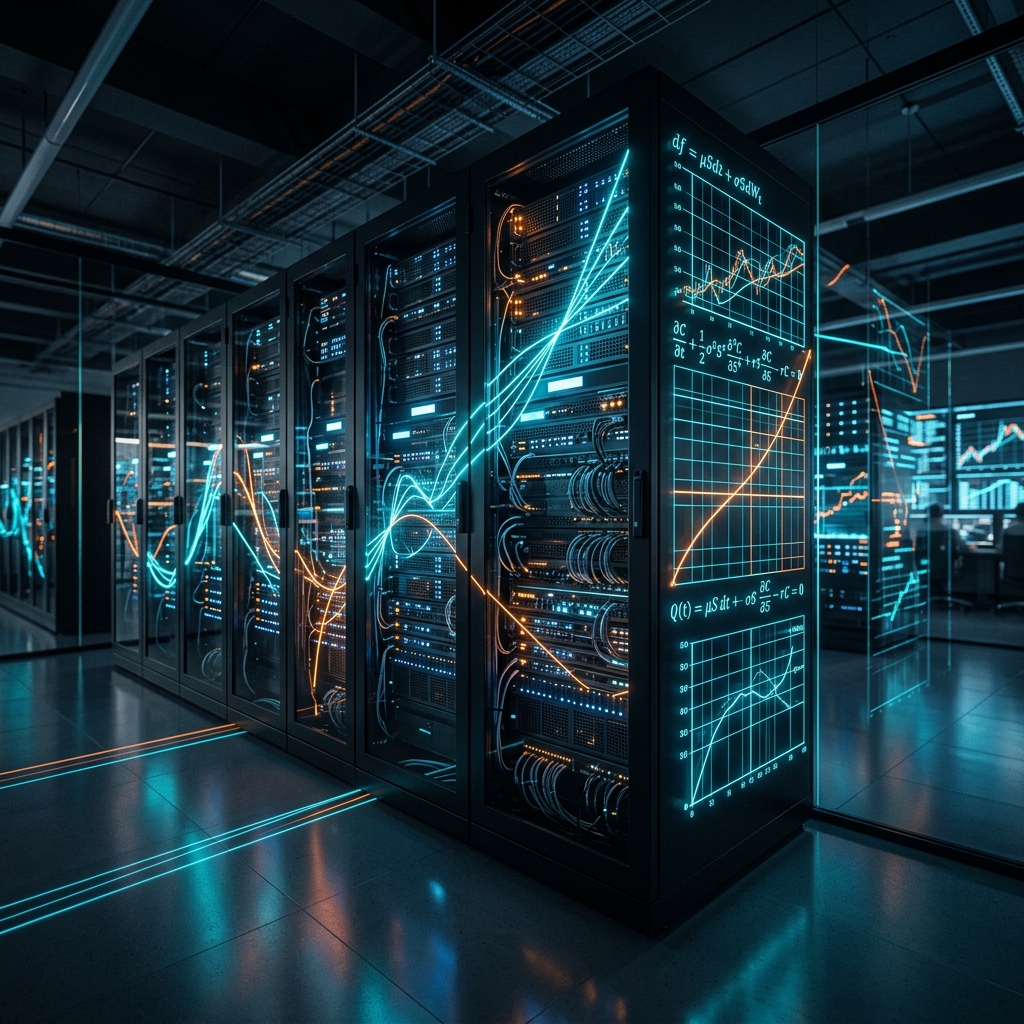 High-tech glowing digital server racks displaying mathematical equations and market curves representing order book liquidity control