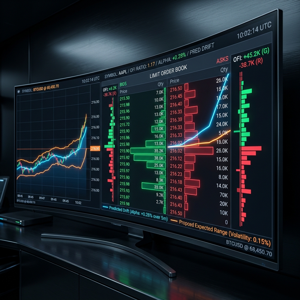 Panoramic technical dashboard displaying limit order book queues and graphs of predicted short-term alpha price drift