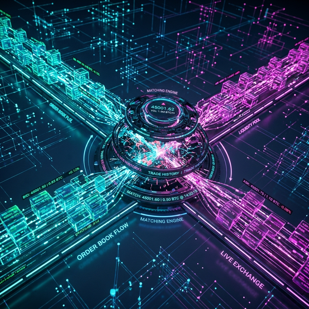 Futuristic visualization of limit order book showing floating cubes representing order packets flowing into a central matching engine