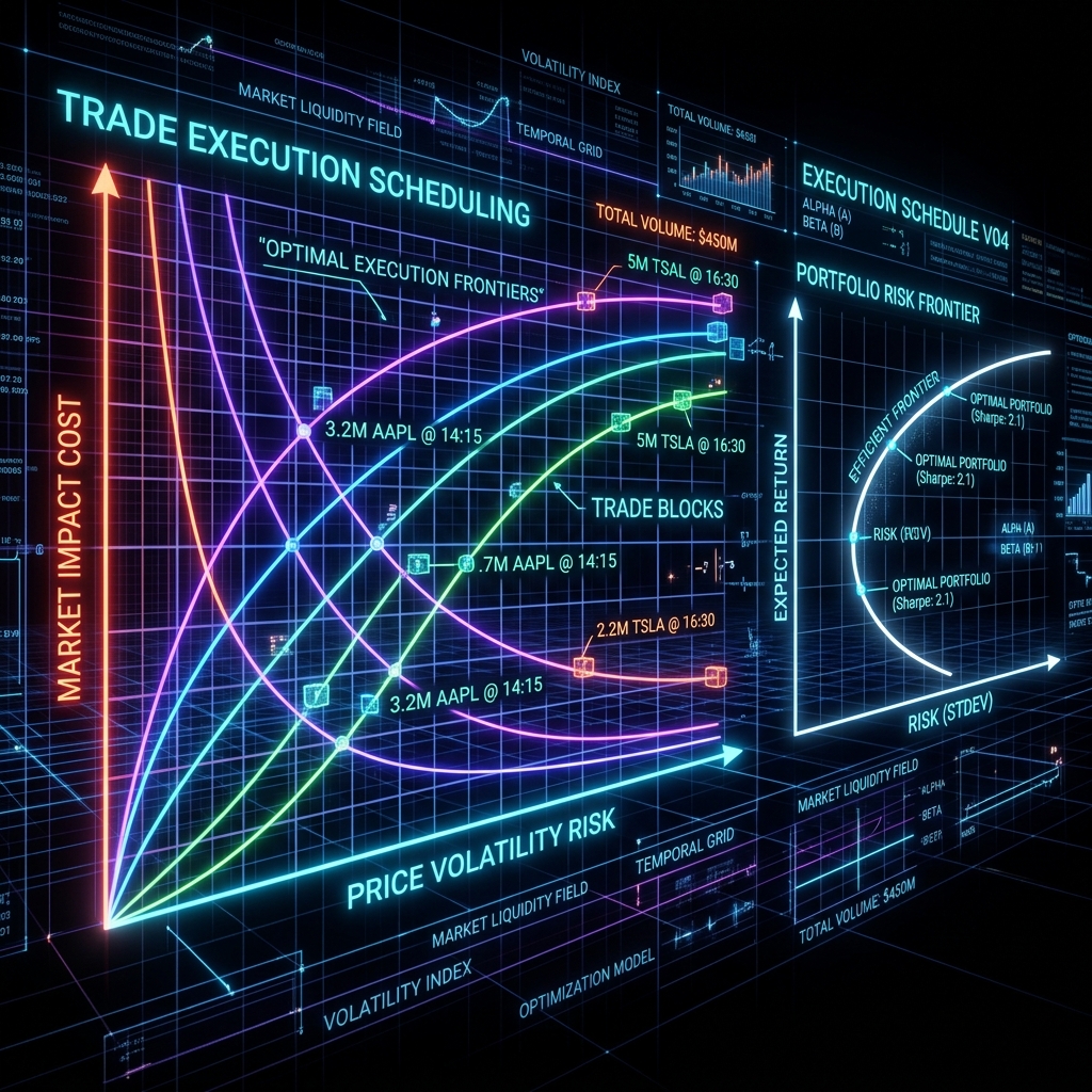Panoramic technical dashboard visualizing trade execution scheduling and portfolio risk frontier curves