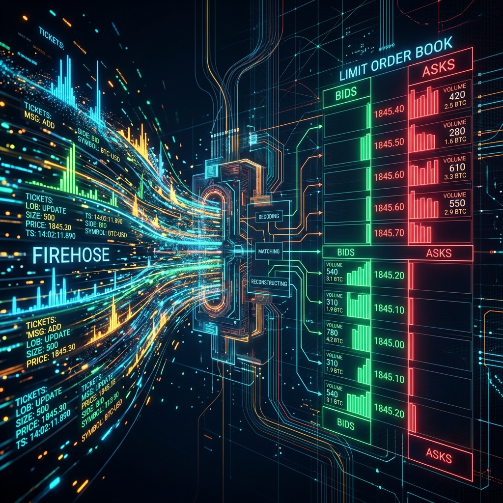 Panoramic technical representation of a streaming firehose of incremental updates transforming into clean bid-ask queues