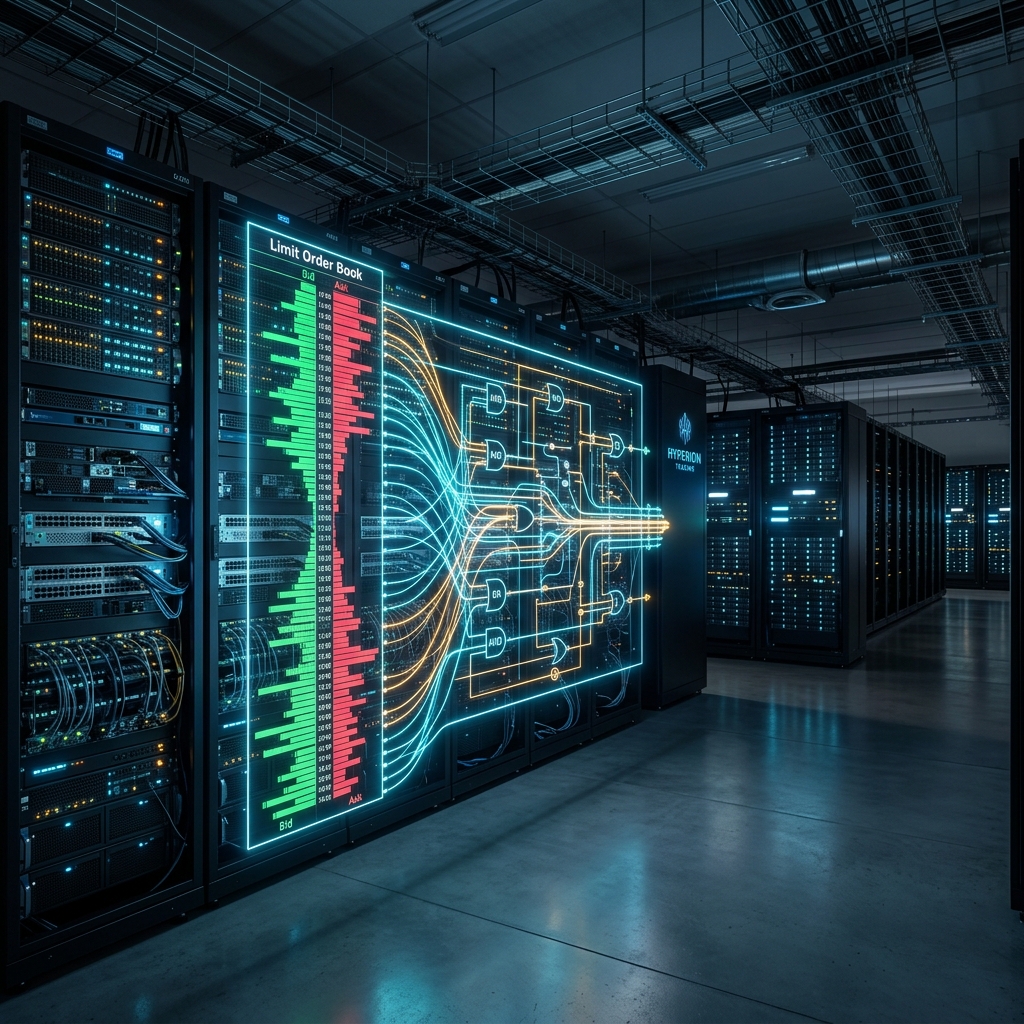Futuristic high-frequency trading server room showing holographic visualizations of limit order book queues