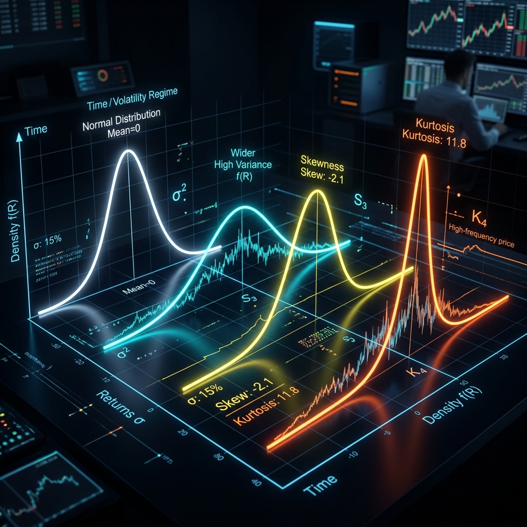 Panoramic technical representation of Realized Moments showing normal distribution vs high variance, skewness and kurtosis