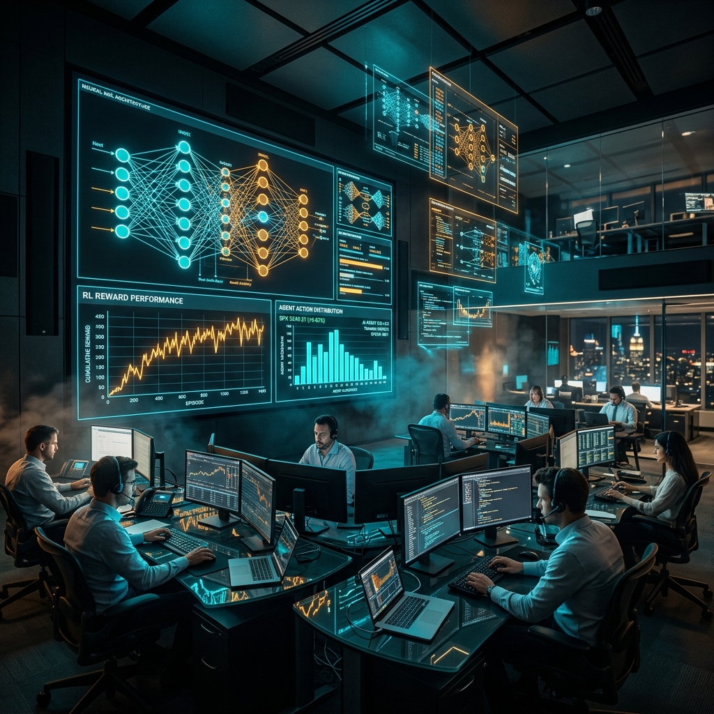 Futuristic trading room dashboard showing neural network layout and reinforcement learning reward graphs