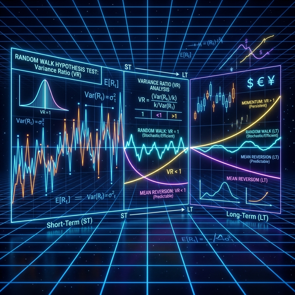 Panoramic technical dashboard detailing random walk hypothesis tests and variance ratio analysis