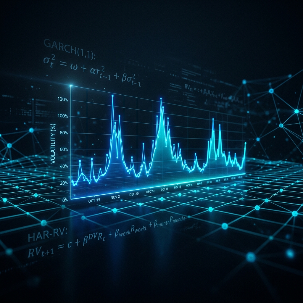 Dynamic mathematical charts showing peaks and troughs of volatility forecasting with equations of GARCH and HAR-RV in dark backdrop